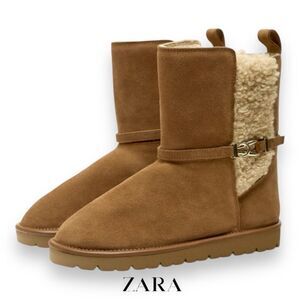 ZARA | Brown | FAUX SHEARLING FLAT LEATHER ANKLE BOOTS